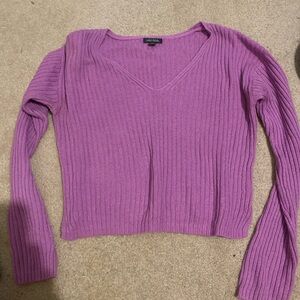 Purple Ribbed V-Neck Sweater